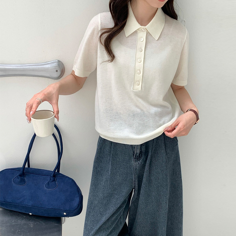 Ai Old Money Style Lapel 100% Wool Short Sleeve Top for Women, Thin Knitted Base Layer, Old Money Style Women's Clothing