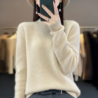 一线成衣纯羊毛2024秋冬新款女半高圆领加厚两面穿短款针织衫毛衣