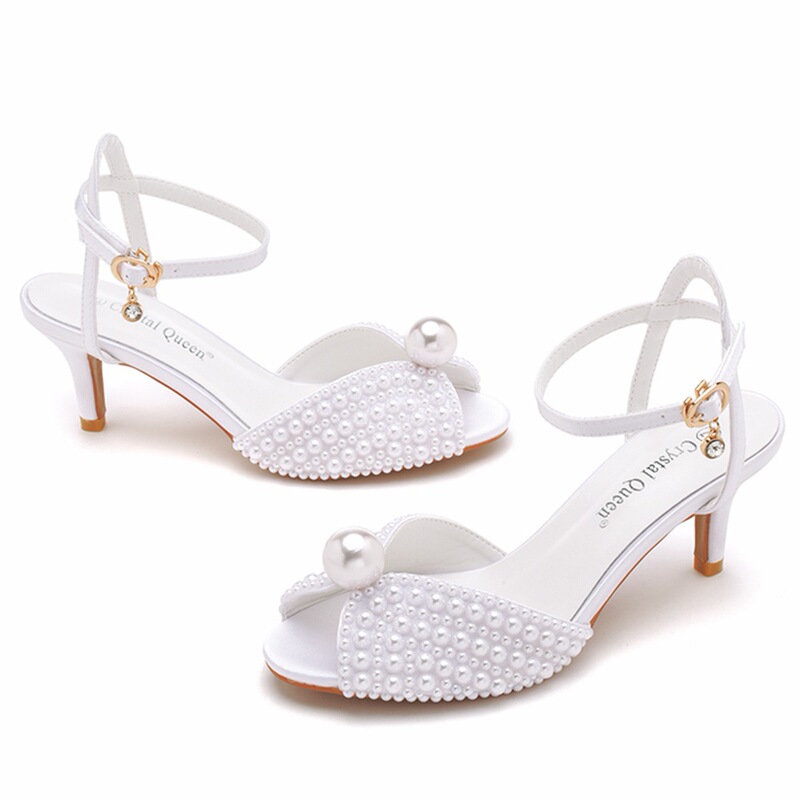 6cm Peep Toe High Heel Sandals Shallow Buckle Strap Large Size Round Toe High Heels Hollow Peep Toe Satin Fabric Pearl Sandals 6cm Peep Toe High Heel Sandals Shallow Buckle Strap Large Size Round Toe High Heels Hollow Peep Toe Satin Fabric Pearl Sandals