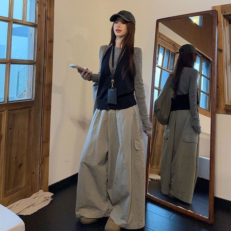 时尚韩系长袖针织衫叠穿挂脖背心女秋季显瘦百搭工装休闲裤三件套|undefined