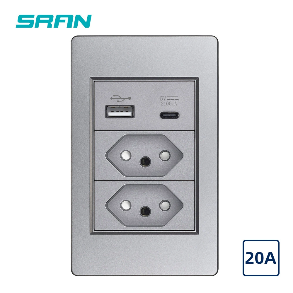 118 PC panel 20A South America Brazil socket with USB type C charging port manufacturer direct sales concealed installation