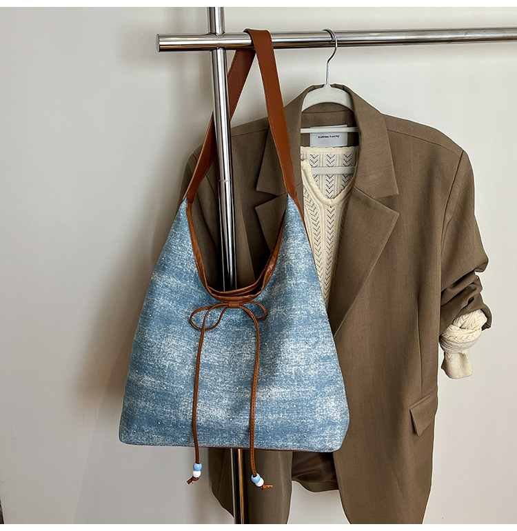 615g Weight String Closure Type Single Shoulder Strap Strap Type Shoulder Bag Bags Type Casual, Holiday Occasion Denim Material Sequins Pattern All Seasons Season Women's Gender Elegant, Streetwear Style Dumpling Shape Shape Women's Denim Sequins Elegant Streetwear Dumpling Shape String Shoulder Bag 9