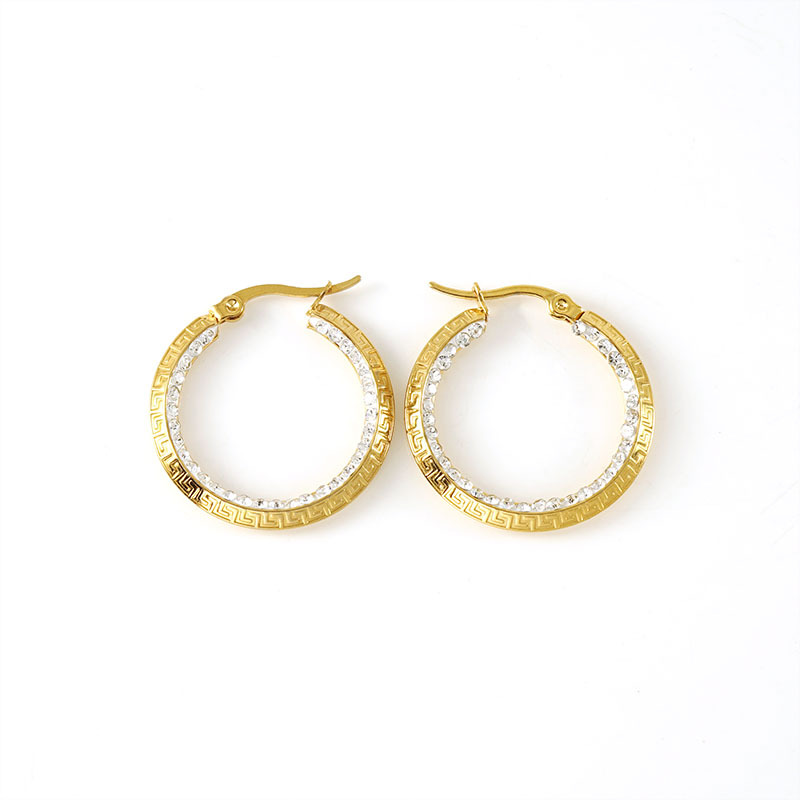 Europa y América nuevo retro Gran Muralla patrón rhinestone pendientes de las mujeres ronda hebilla pendientes de oro de acero inoxidable joyería del oído venta al por mayor