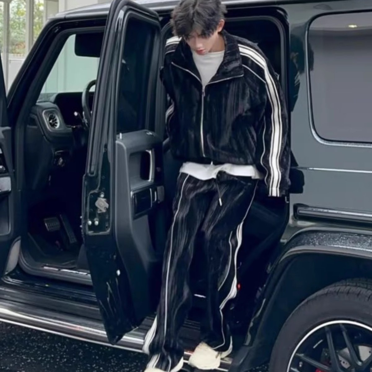 运动套装男复古美式重磅秋冬季卫衣开衫外套条纹卫裤潮牌一套搭配