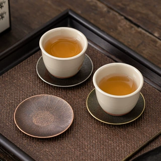 中式仿古铜小杯垫合金隔热茶杯托做旧茶碟功夫茶具配件带收纳架子