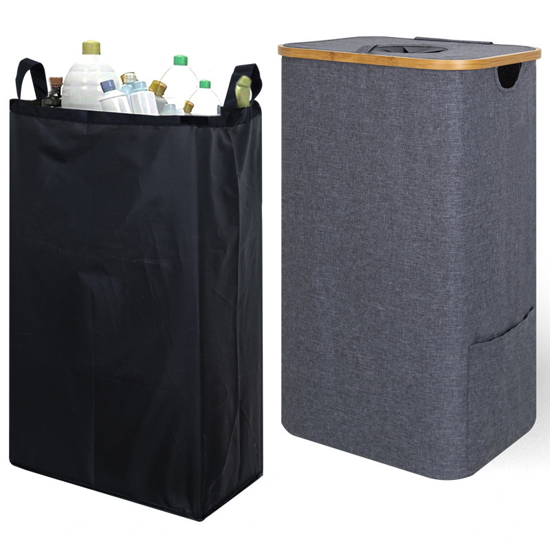 Indoor Recycling Bin, Bottle Storage Basket, Trash Can with Lid, Foldable Beverage Bottle Recycling Bin with Inner Bag for Home Use