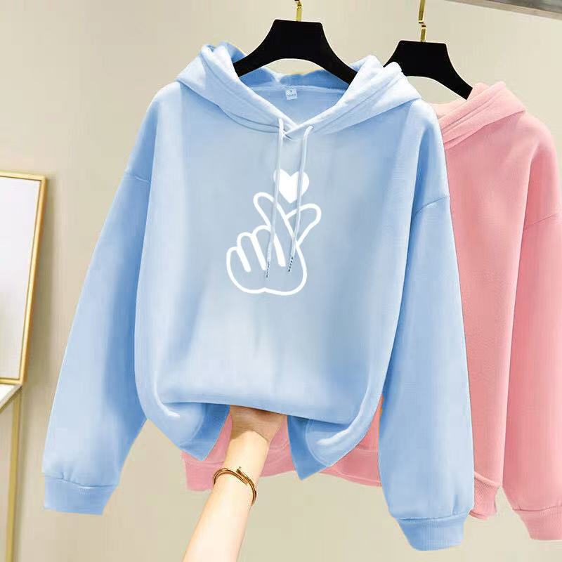 Women Hoodie with Heart Hand Print Blue Pink Loose Fleece