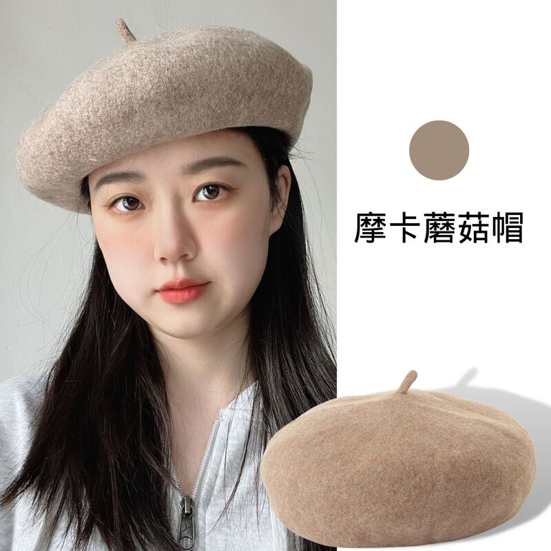 新款秋冬羊毛贝雷帽子女时尚羊绒蘑菇帽深檐大头围立体画家帽批发|undefined
