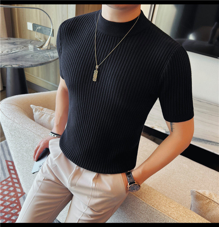 Herren Schwarz Hochgeschlossener Kurzarm Strickpullover Slim Fit_voghion.com