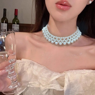 New Simulated French Elegant Accessible Luxury Necklace Hand-Woven Fake Collar Water-Milled Beads Bubble Bead Scarf Pearl Necklace