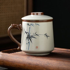 汝窯茶水分離カップ手描き大容量オフィスカップ家庭用蓋付きフィルターセラミック個人専用ティーカップ