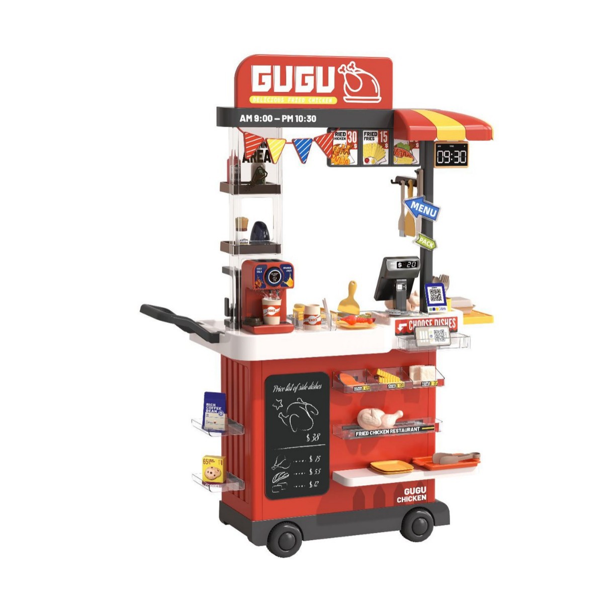 Transfronterizos infantiles simulación sonora y luz pulverización de agua cocina mesa de comedor placa de hierro parrilla pollo frito comida rápida juguete carro