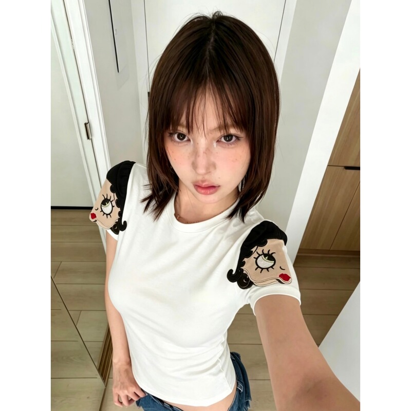26Ssyb Open for Order / Starting from 90% off Pieces, Niche Design Praying Big-Headed Betty 3D Appliqué Embroidered Earrings Short-Sleeve T-Shirt