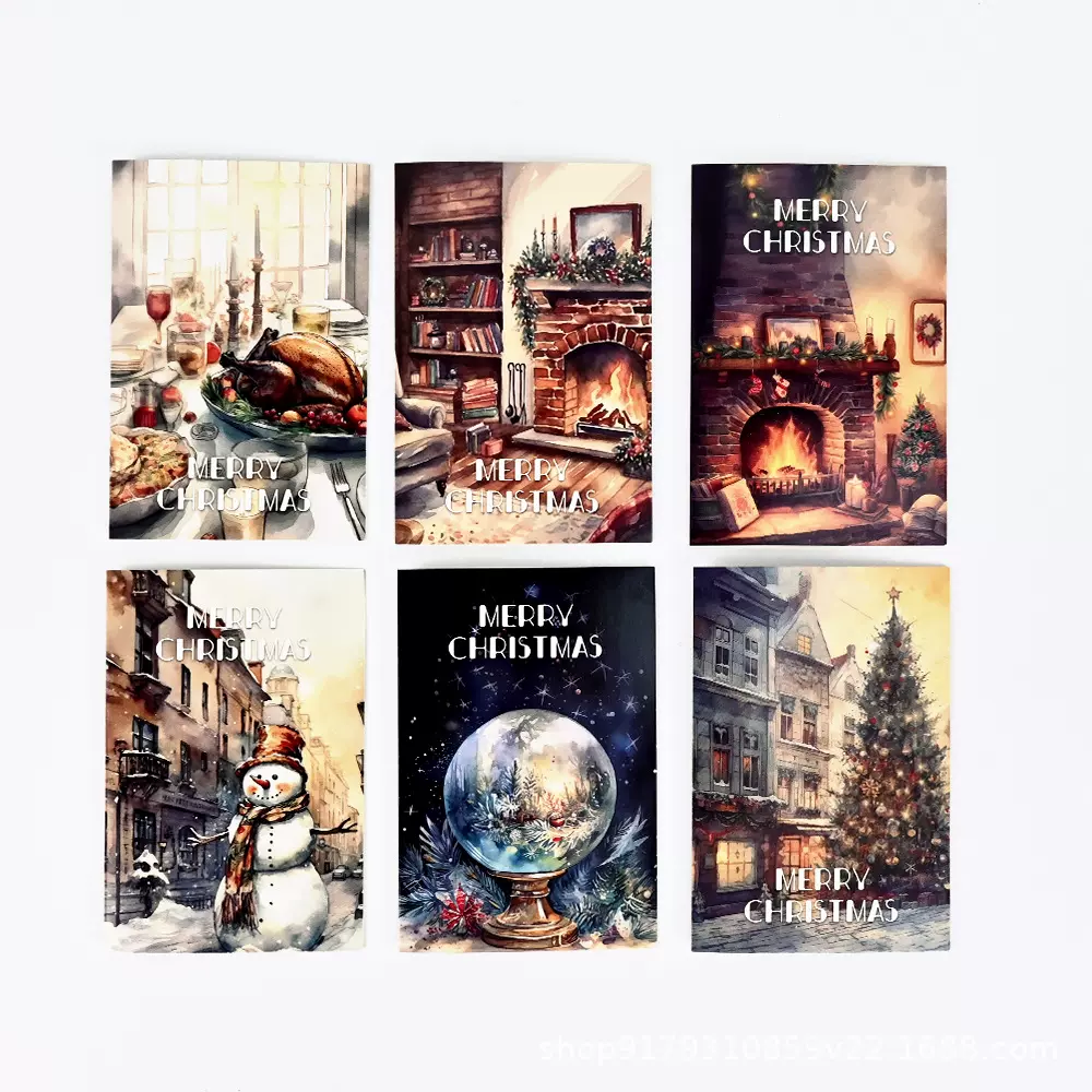 跨境圣诞节木纹背景星星雪花蜡烛装饰圣诞节花园贺卡可定制