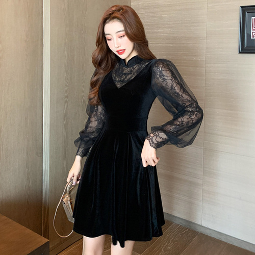 Black Chinese Dress Oriental Qipao for women Lace mesh stitching velvet improved cheongsam little black dress