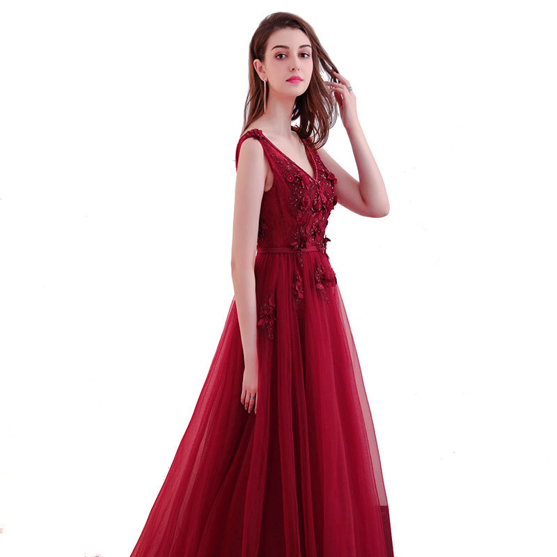 Comercio exterior europeo y americano Amazon AliExpress deseo nuevo cuello en V 3D flor con cuentas vino rojo vestido de noche vestido tostado