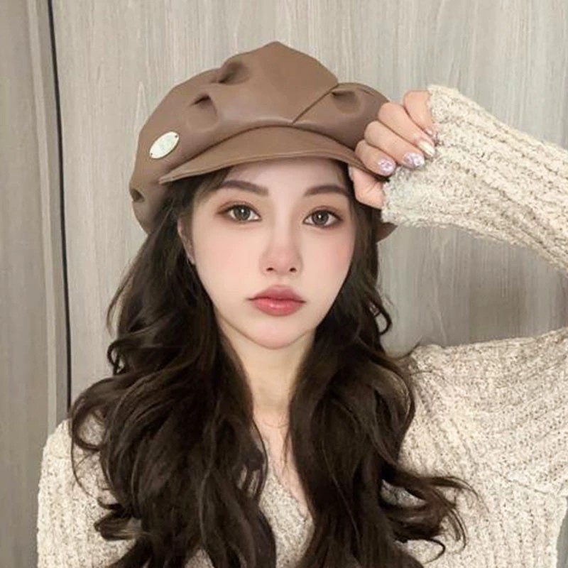 Polyurethane demi-season fashionable retro elegant beret