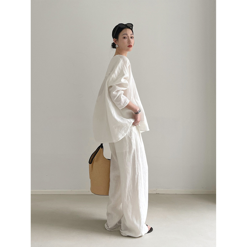 Relaxed 100% Linen Top 2026 Spring/Summer Niche French-Style Round-Neck Blouse Loose White Shirt for Women