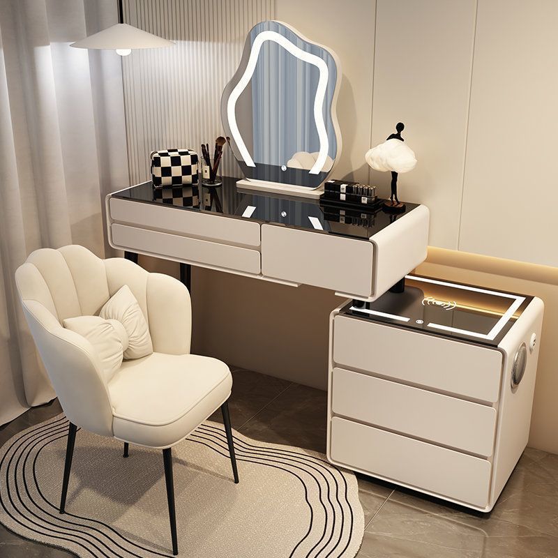 밀키 화이트 3단 서랍 스마트 모델 - 올 원목 100 테이블 + 캐비닛 클라우드 미러 + 꽃잎 의자