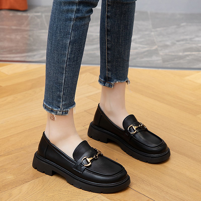 두꺼운 밑창의 여성용 가죽신발, 영국풍 가을 겨울 신상, 벨벳 안감의 블랙 로퍼, 다용도 jk 슈즈, 여성용 슬립온 싱글 슈즈