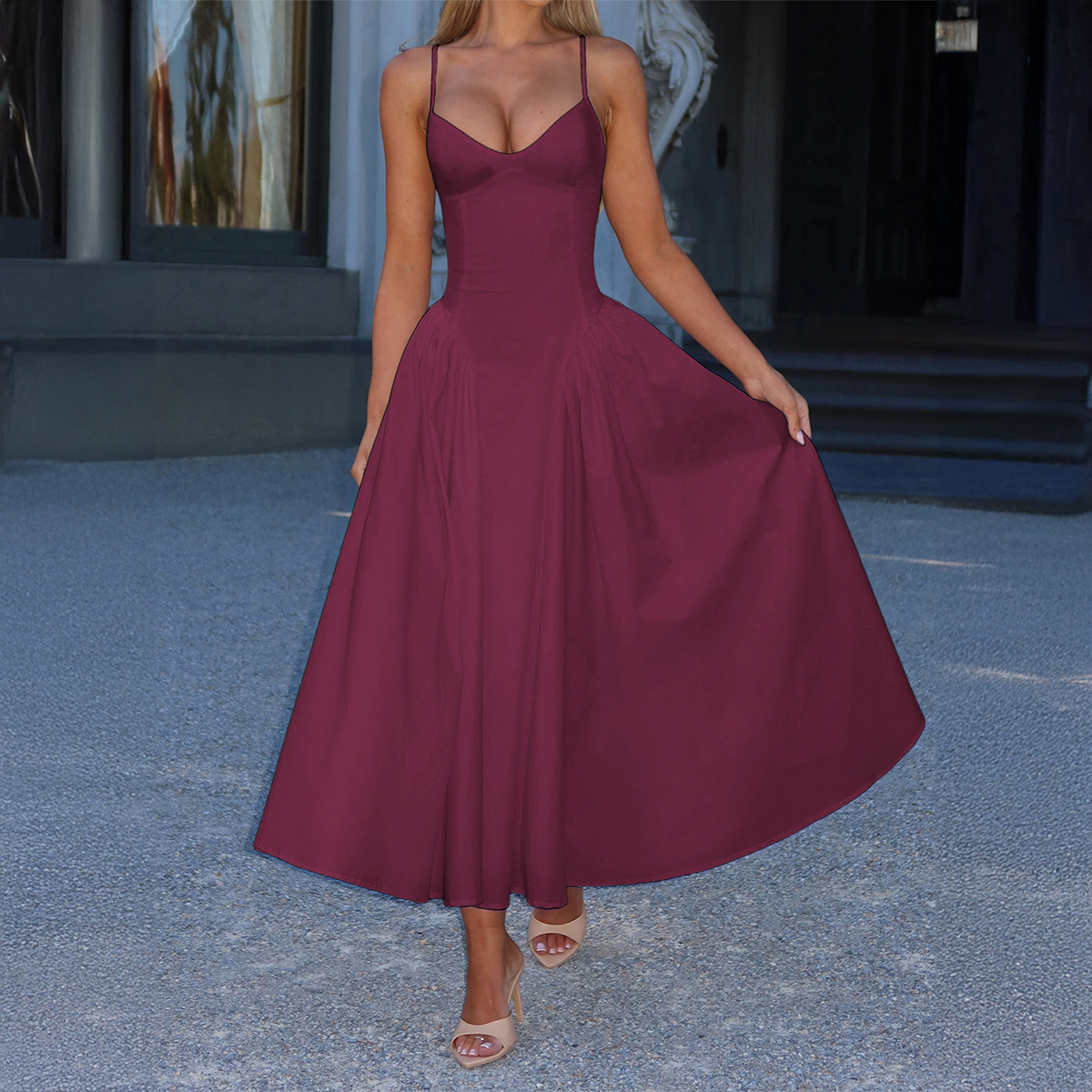 Women's Elegant Strappy Maxi Solid Color Dress