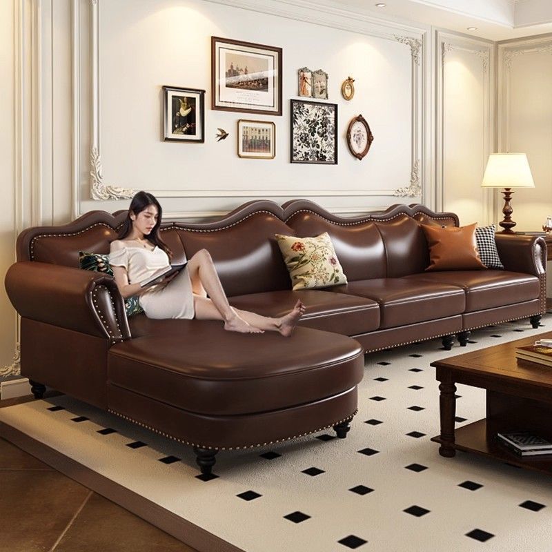 Classic American Retro Style Leather Sofa Living Room Small Apartment French Light Luxury Solid Wood Modern Mid-Century Style Corner Sofa