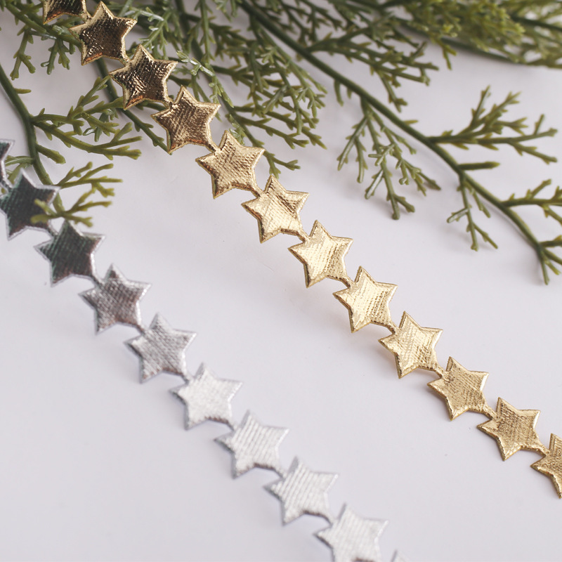 Christmas tree five-pointed star decorative belt gift floral polyester ultrasonic embossing gold and silver ribbon Christmas tree five-pointed star decorative belt gift floral polyester ultrasonic embossing gold and silver ribbon
