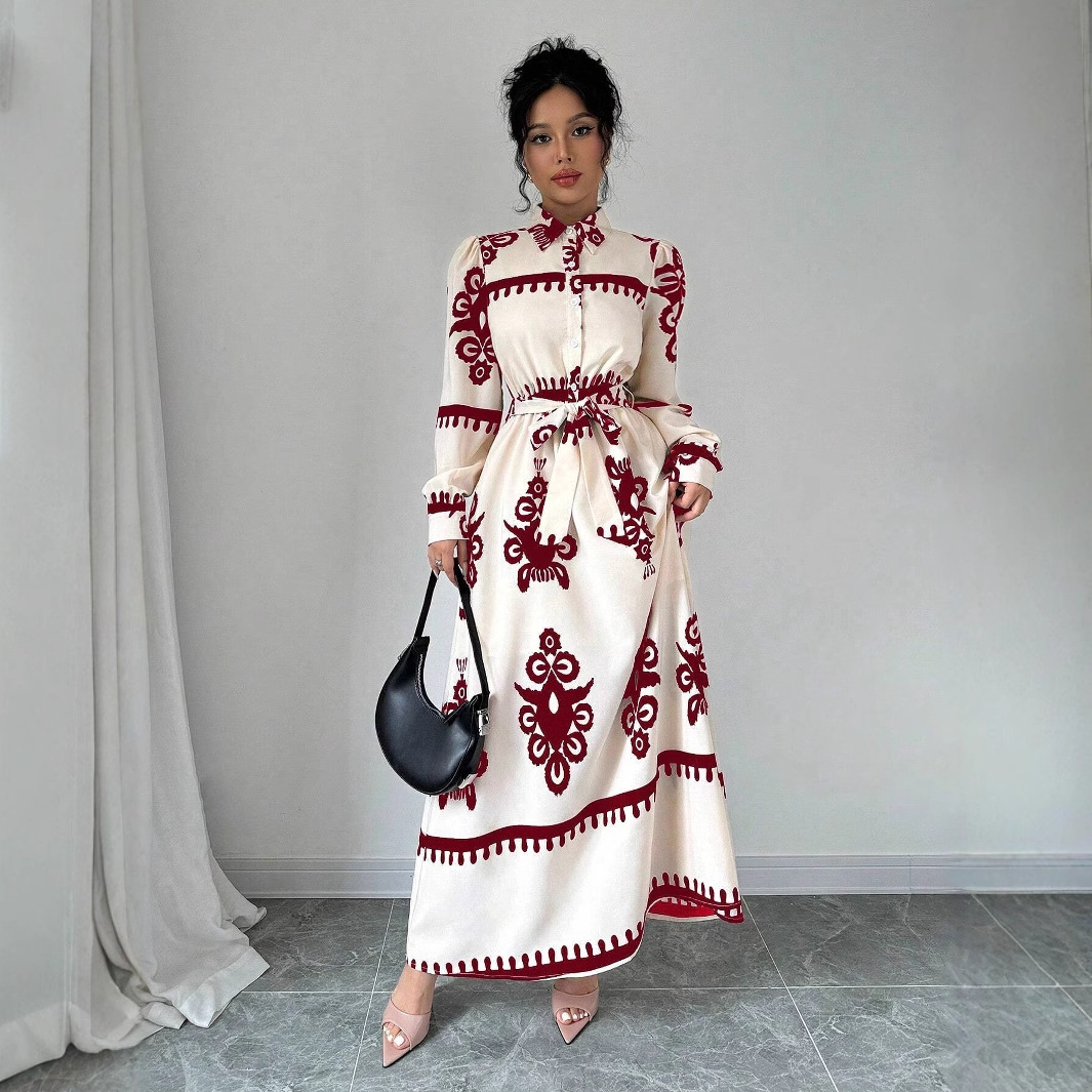 Real Shot In Stock 2025 New Autumn Winter Foreign Trade Cross-Border European And American Printed Lace-Up Shirt Sleeve_voghion.com