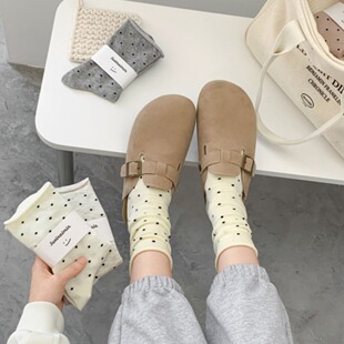 Spring and Summer New Style Rolled Edge Socks for Women, Cream Dot Mid-Calf Socks, Korean Style Artistic Polka Dot Simple Solid Color Maternity Socks