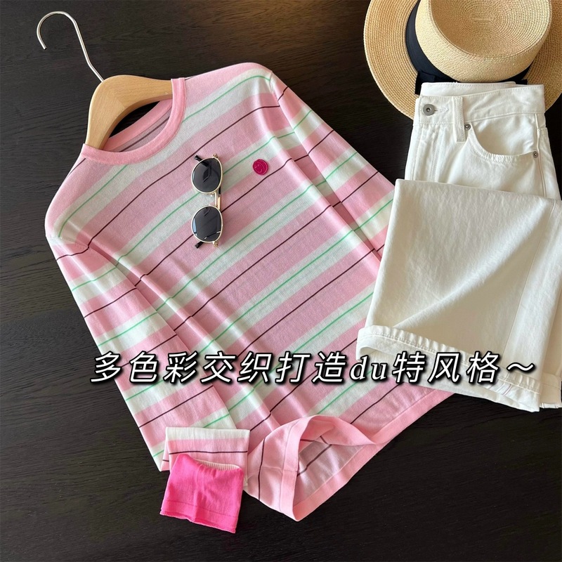 天丝羊毛笑脸粉色条纹针织T恤 秋季薄款防晒上衣长袖内搭打底衫女|undefined