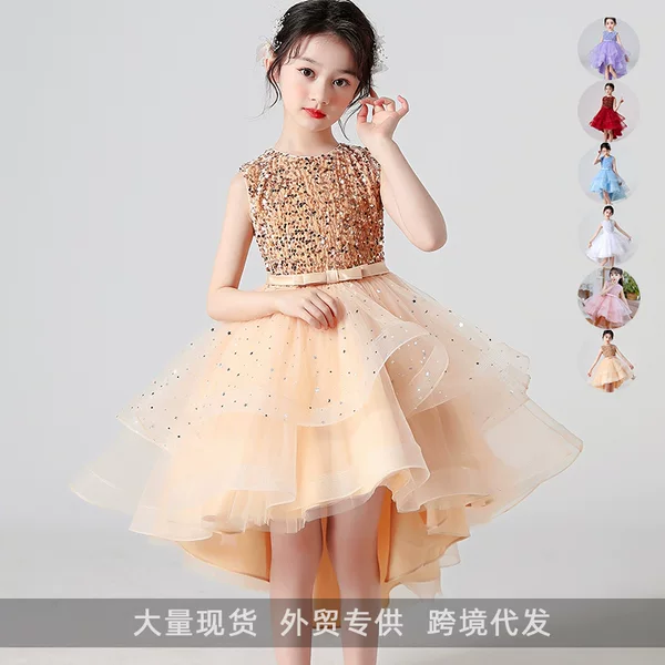 2023 Summer Hot Style Girls Sleeveless Sequin Tail Dress Mid-Length Princess Piano Performance Dress Puffy