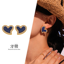 方糖跨境菜茵蓝桃心带钻分左右耳环不锈钢镀18k真金时尚百搭耳饰