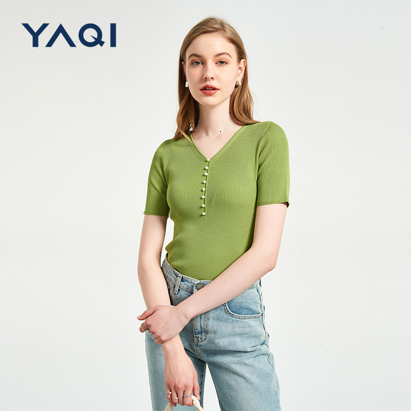 Yaqi spring and autumn seamless integrated thin sweater Ice Silk women's bottoming shirt V-neck Pearl slimming inner top outer wear