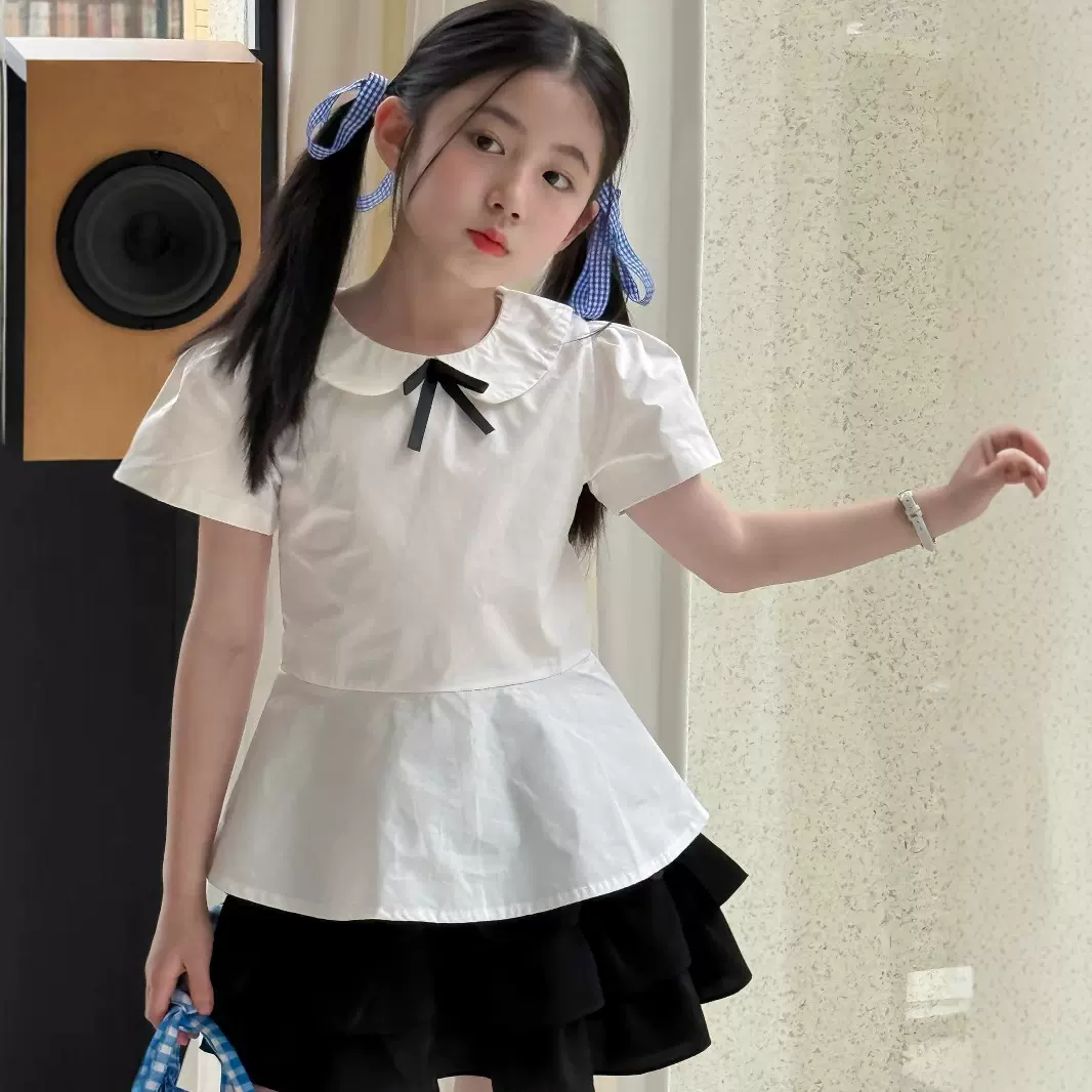 童套装2025夏季新款女童学院风套装蝴蝶结娃娃领衬衫蛋糕裙两件套
