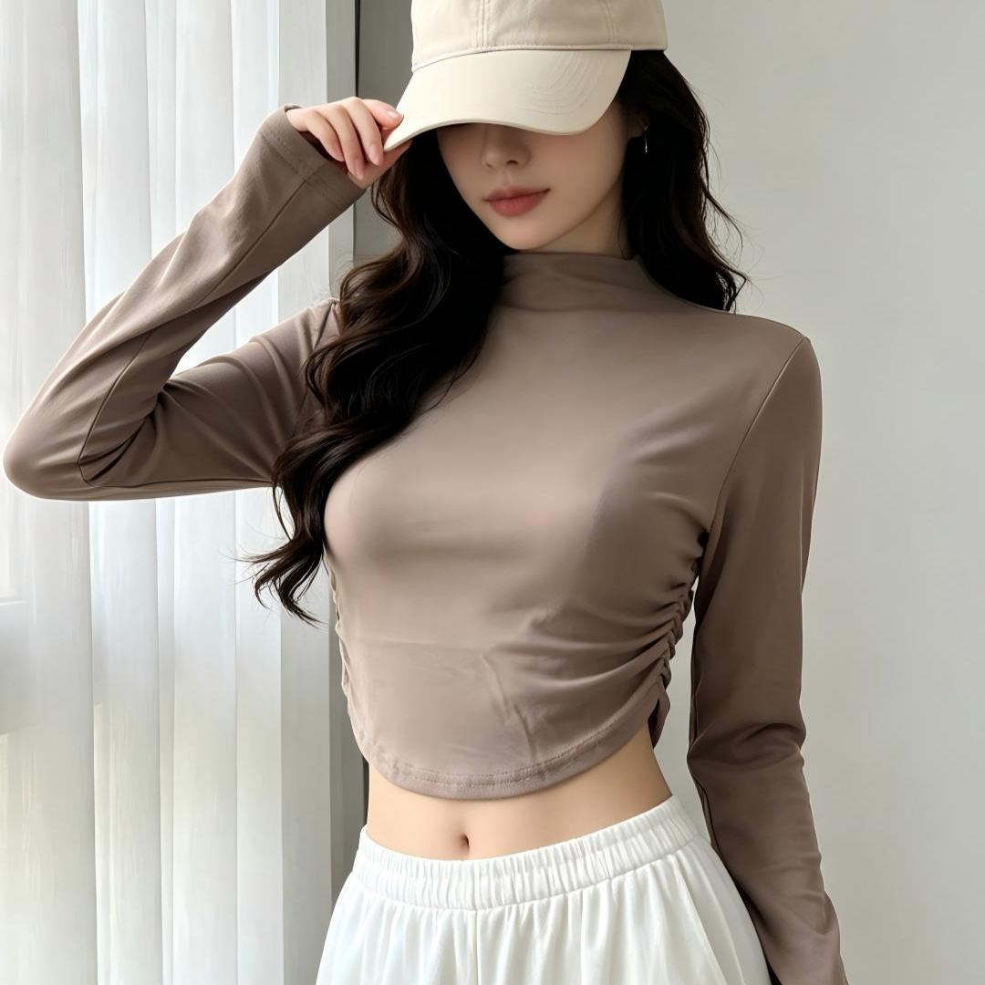 긴팔 티셔츠 여성용 가을 새 반 높이 목 스파이스 소녀 순수한 욕망 스타일 섹시한 짧은 자른 탑베이스 셔츠