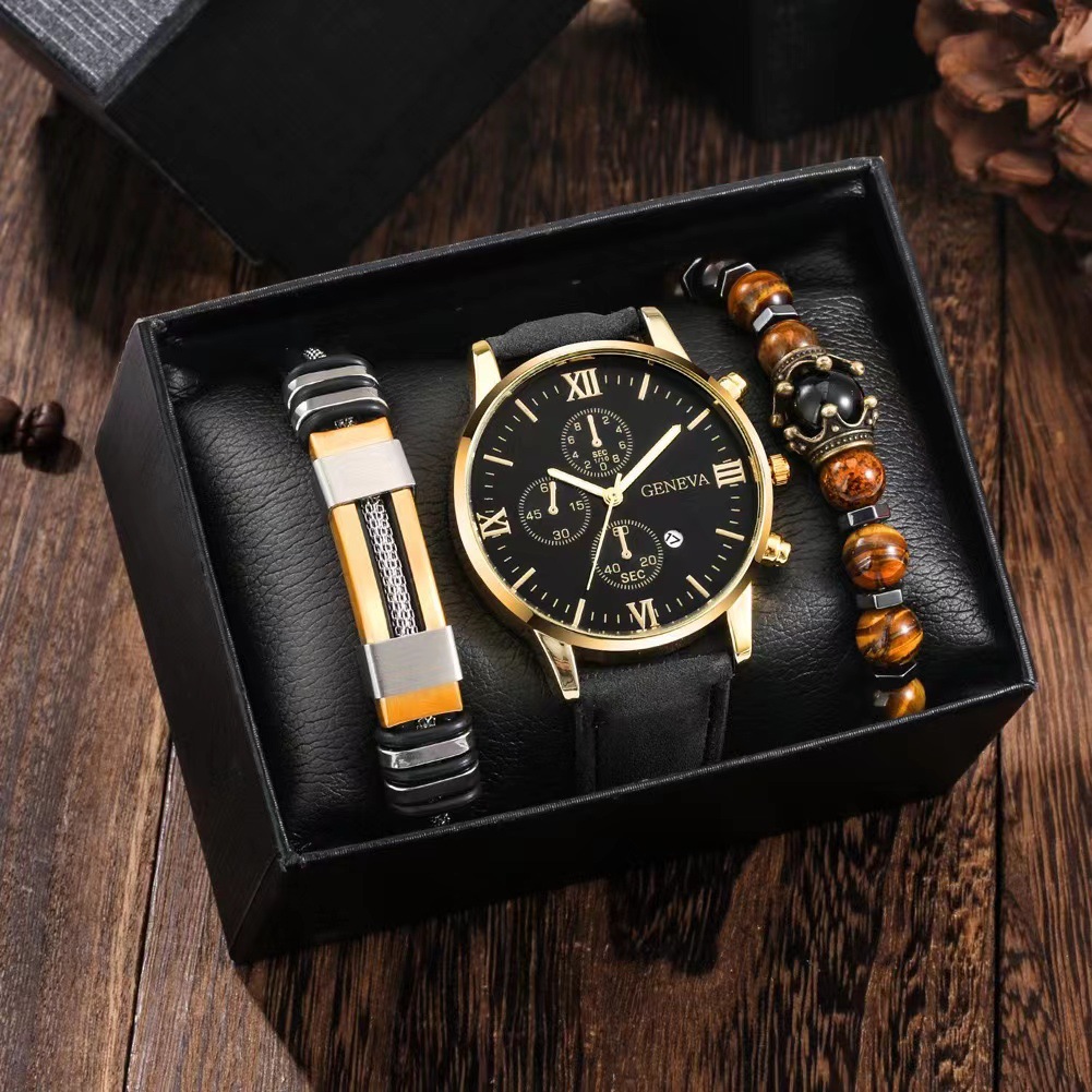 Comercio exterior AliExpress hombres Ginebra Roma falso Calendario de tres ojos cinturón ambiente de negocios caja de cuarzo reloj de pulsera