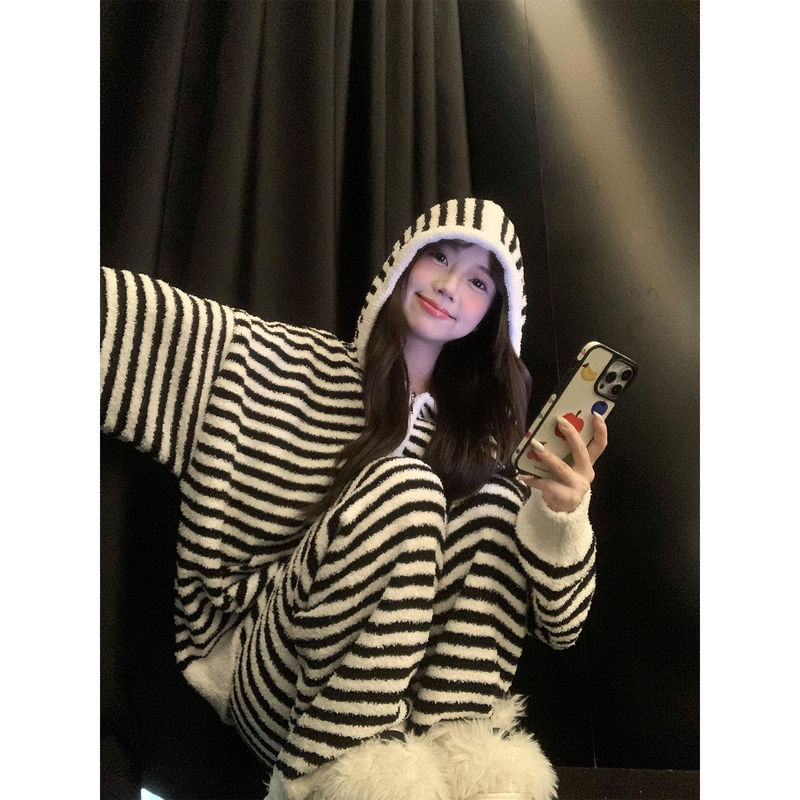 韩系甜酷条纹设计连帽睡衣女秋季新款亲肤宽松遛弯裤家居服可外穿|undefined