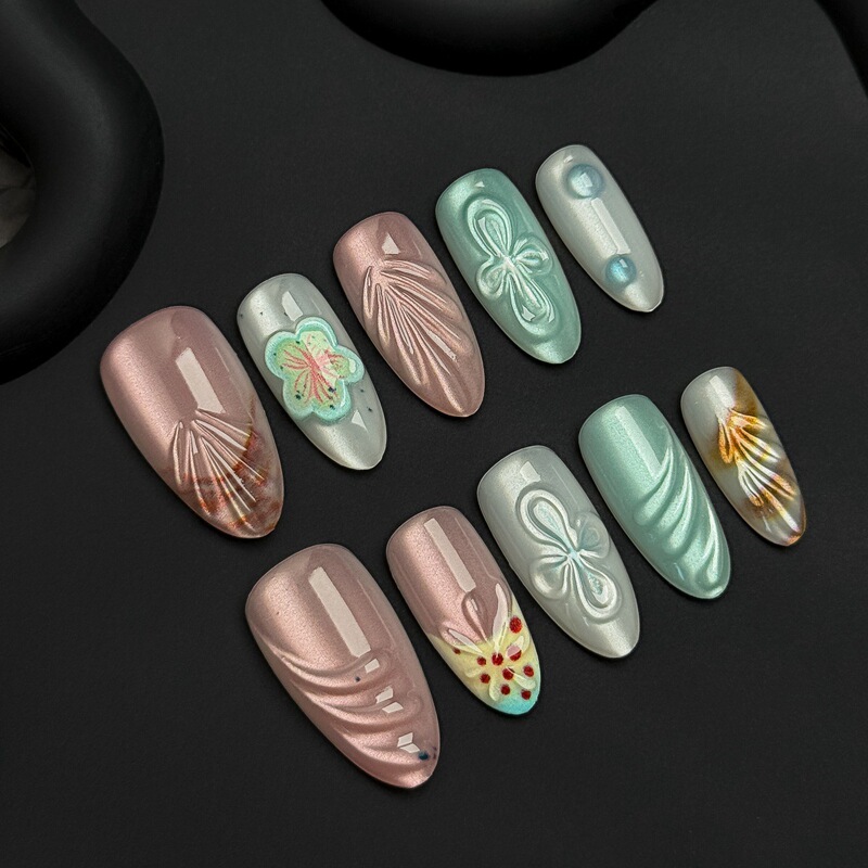European and American Cross-Border Almond Carved Style High-Quality 3D Stereo Popular Wearable Nails Marine Element Fake Nail Patches