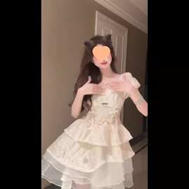 甜美蝴蝶结蓬蓬连衣裙女收腰显瘦夏季小个子超仙约会网纱蓬蓬短裙