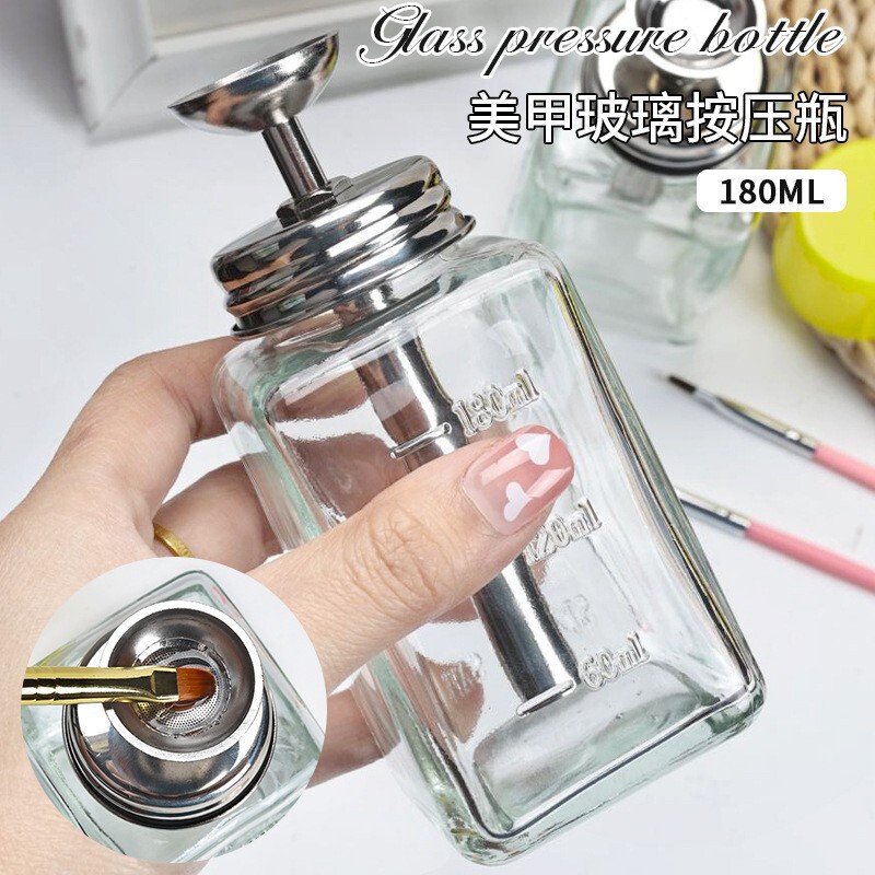 Nail Art Glass Press Bottle Funnel Press-Type Alcohol Bottle Nail Polish Remover Empty Bottle Cleaning Liquid Crystal Hydraulic Bottle 180ml