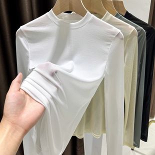 Spring and Autumn Thin Lace Base Shirt Women's Perspective All-match Yarn Clothes Slim-fit Slimming Mesh Small Collar Top