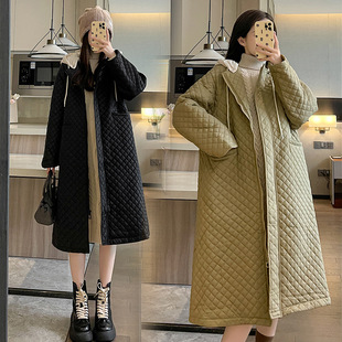 Pregnant Women's Winter Clothes Rhombic Cotton-padded Jacket Mid-length Over-the-knee 2024 New Korean Style Gentle Style Cotton-padded Jacket Maternity Clothes