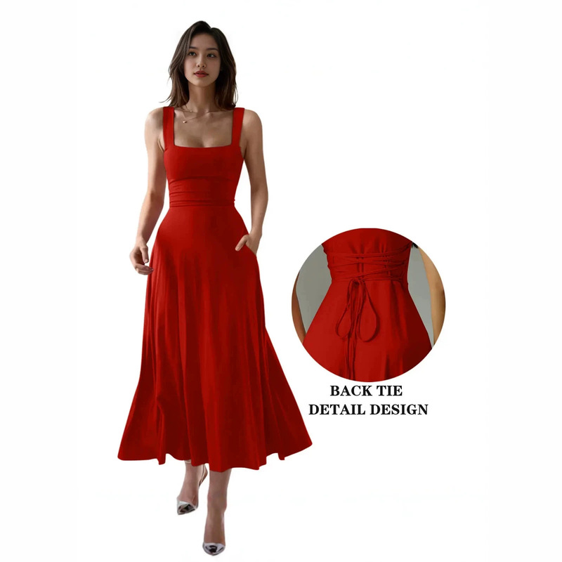 Amazon Summer Pocket Slim-Fit Waist-Cinching Thick Strap Elegant Long Dress 2026 Summer Dress