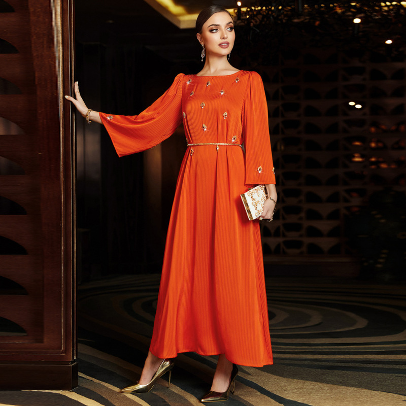 BA3019 new arrival burnt orange hand-stitched Diamond Knitted dress Middle East Dubai party dress BA3019 new arrival burnt orange hand-stitched Diamond Knitted dress Middle East Dubai party dress