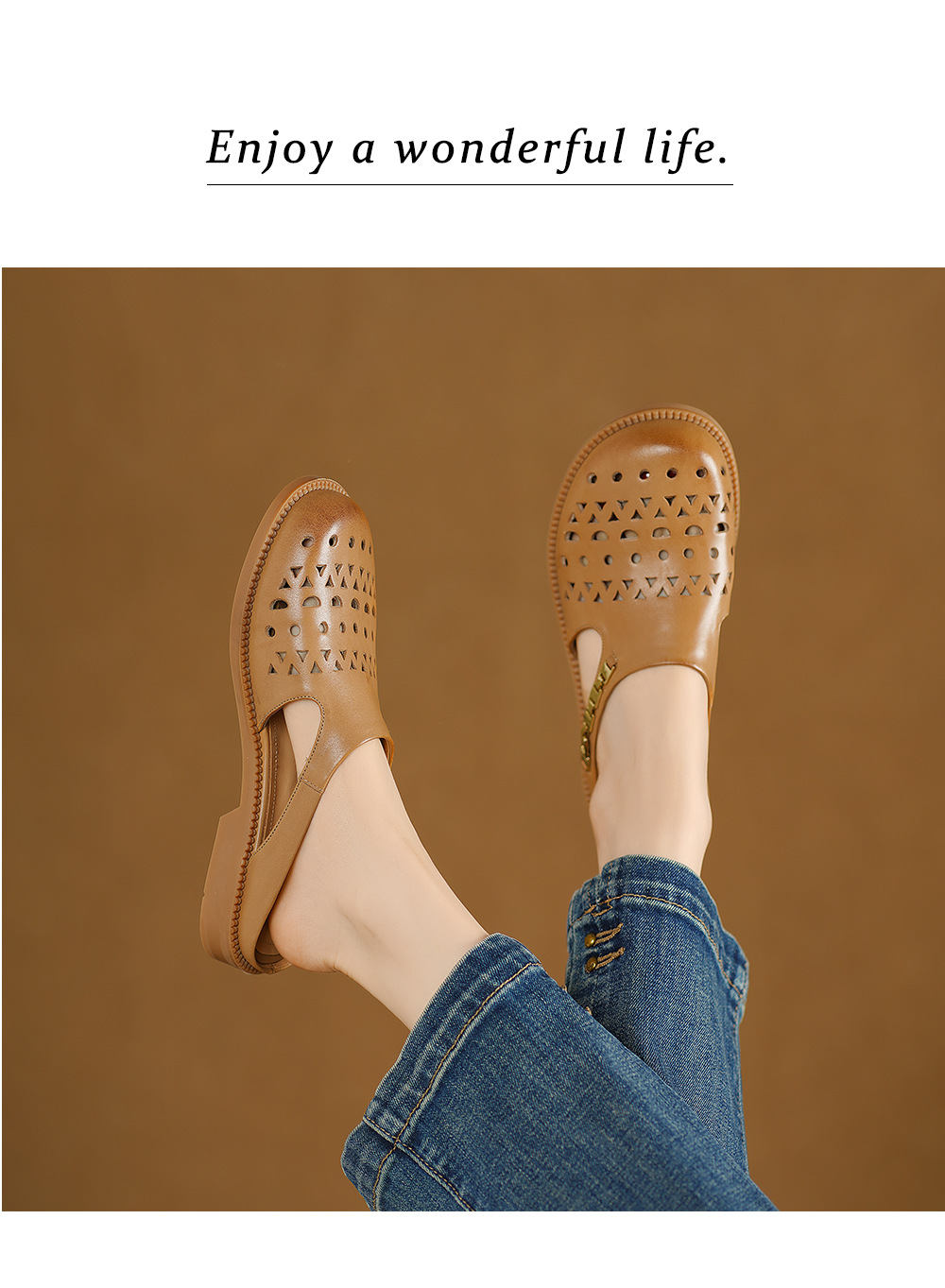 Dép sandal nữ da bò mũi trùm đế bệt kiểu lỗ thoáng khí — đen chi tiết 8