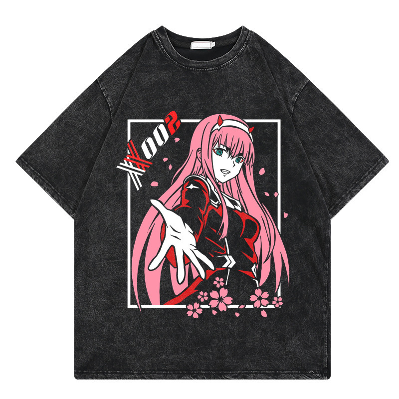 Washed retro T-shirt Street hip-hop animation FranXX cartoon print…
