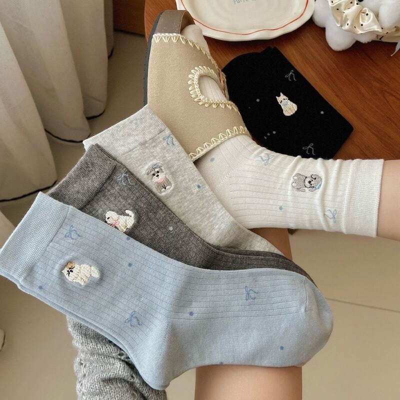 Cute Puppy and Kitten Super Cute Socks for Women Early Autumn Mid-Calf Sweat-Absorbent and Antibacterial Mid-Calf Socks Ins Sweet Bow Socks
