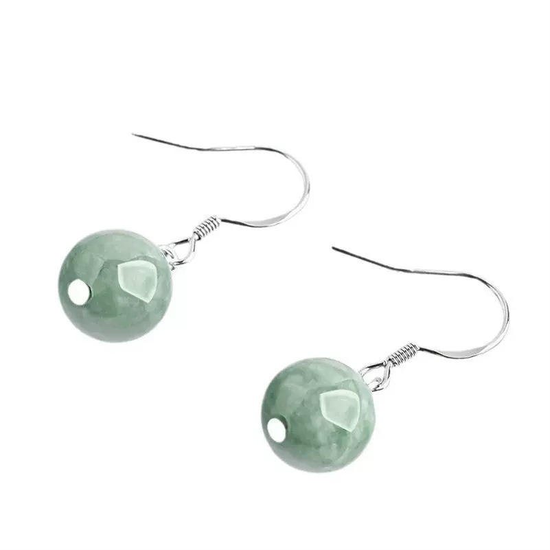 时尚简约民族风耳坠镶玉石天然A货翡翠豆绿圆珠耳环批发