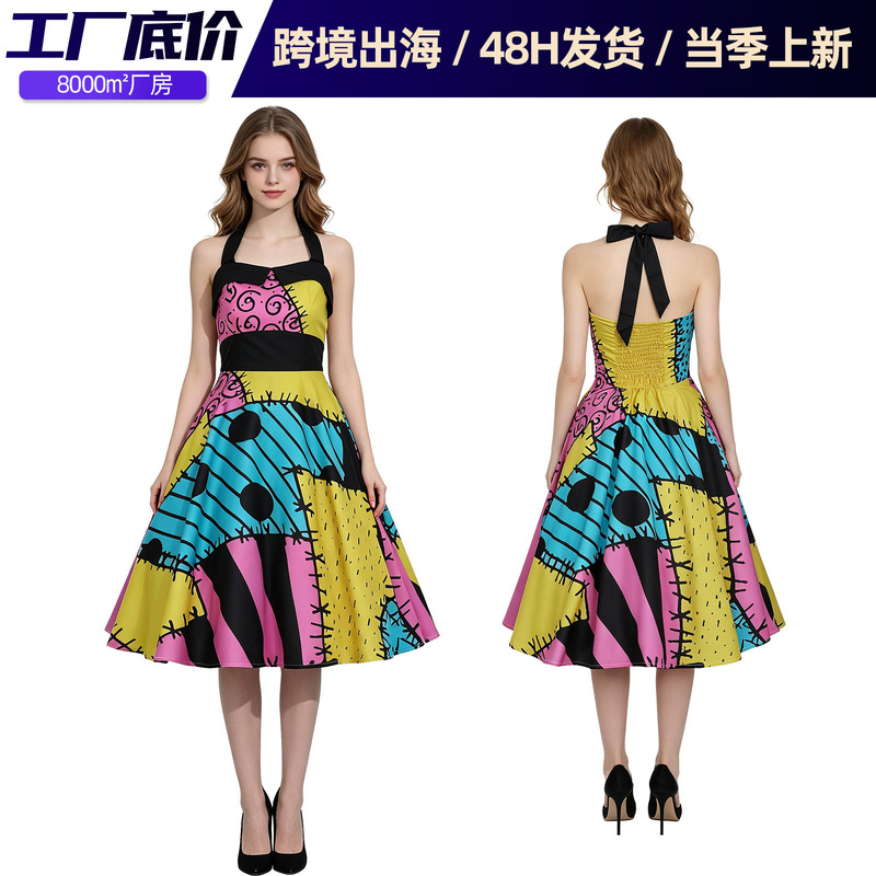 Halloween Cos Dress with Waist Detail and Printed Patchwork, Perfect for Christmas Night of Terrors, Festive Costume, Stage Party Performance, and Formal Occasions