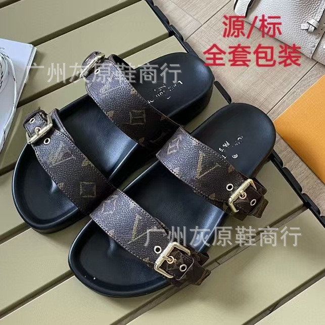 Comercio exterior 24 nuevo estilo Oriente Medio Camboya pantuflas de playa hombres y mujeres ropa exterior fondo plano hebilla de metal letras zapatillas de burro fuente pura